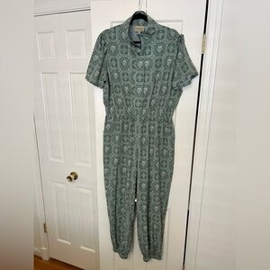 Sage Green Printed Short-Sleeve Jumpsuit